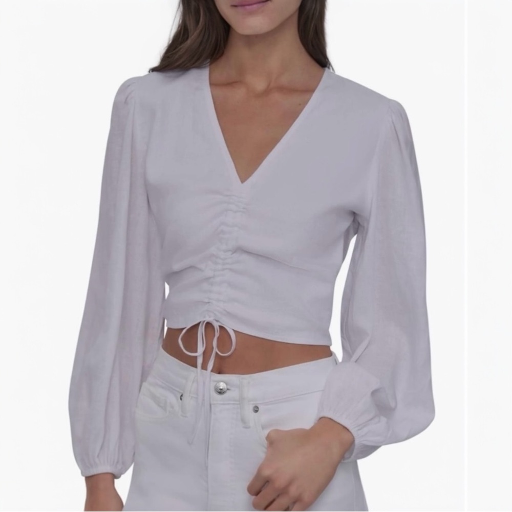 DKNY Jeans long-sleeve v-neck crop blouse- Sz XS